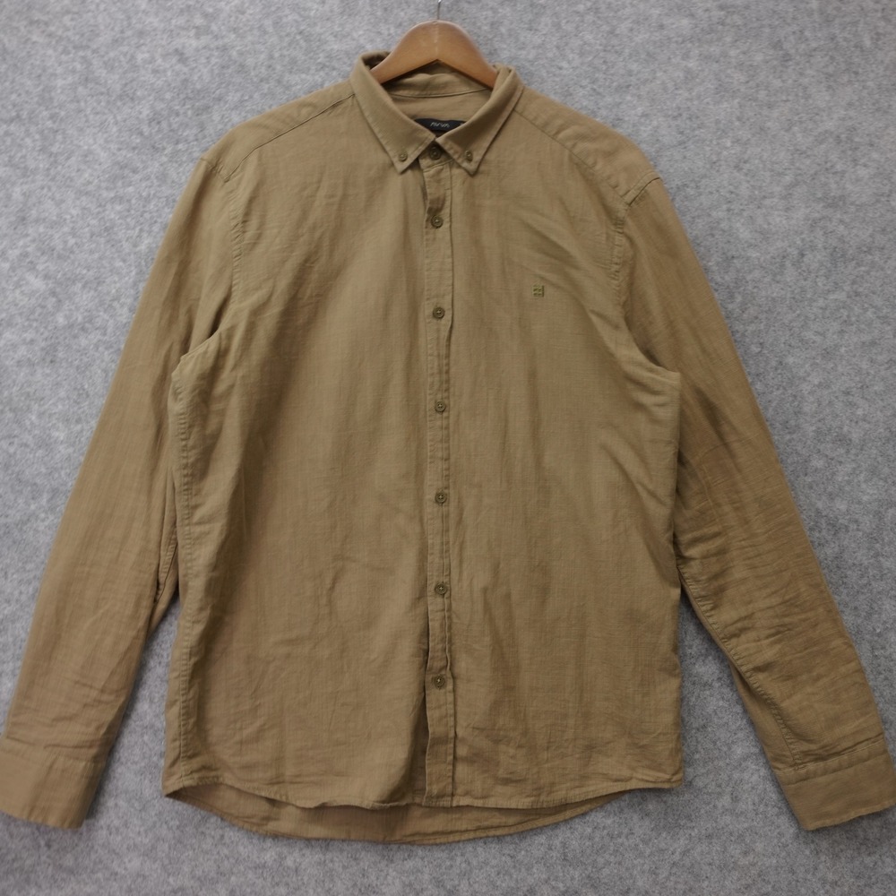 Green Linen Look Button Down Shirt Mens M Khaki Earthy Summer AVVA Comfort Fit